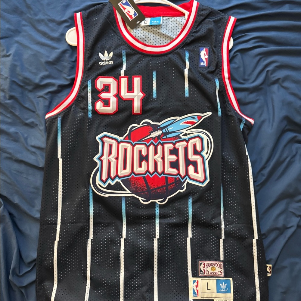 Adidas Hakeem Olajuwon Black and Red Rockets Jersey